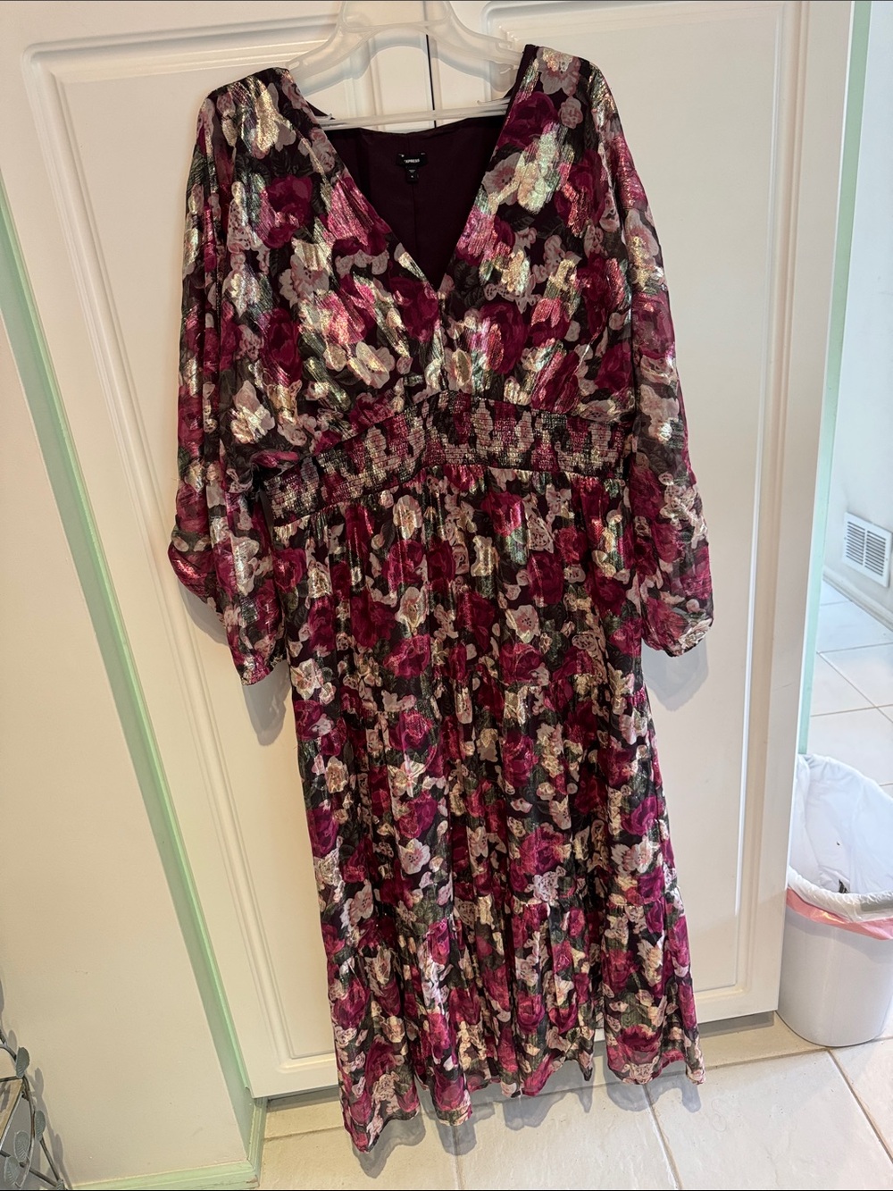 Express Burgundy Floral Maxi Dress with Metallic Accents